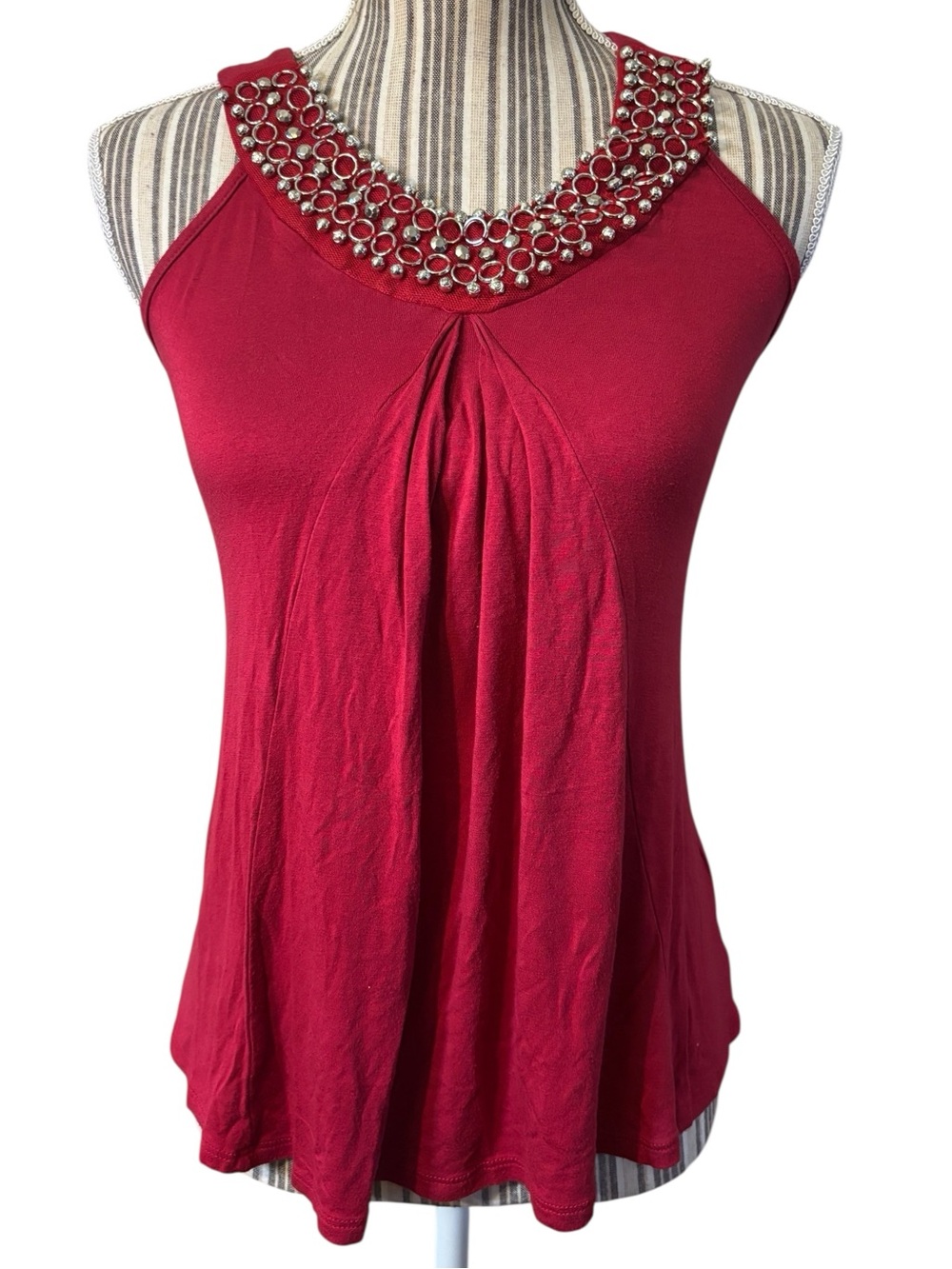 Moa Moa Halter Tank Top Medium Red Silver Beaded Embellished Trim Pleated Front